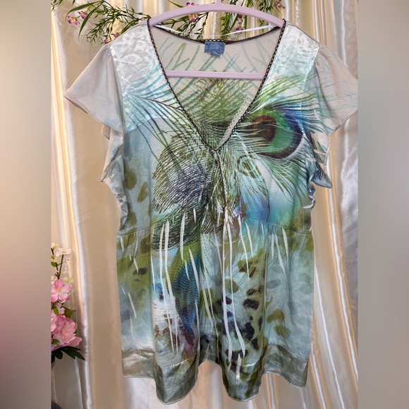 Peacock Pattern Satin Blouse Size Large - Picture 1 of 8